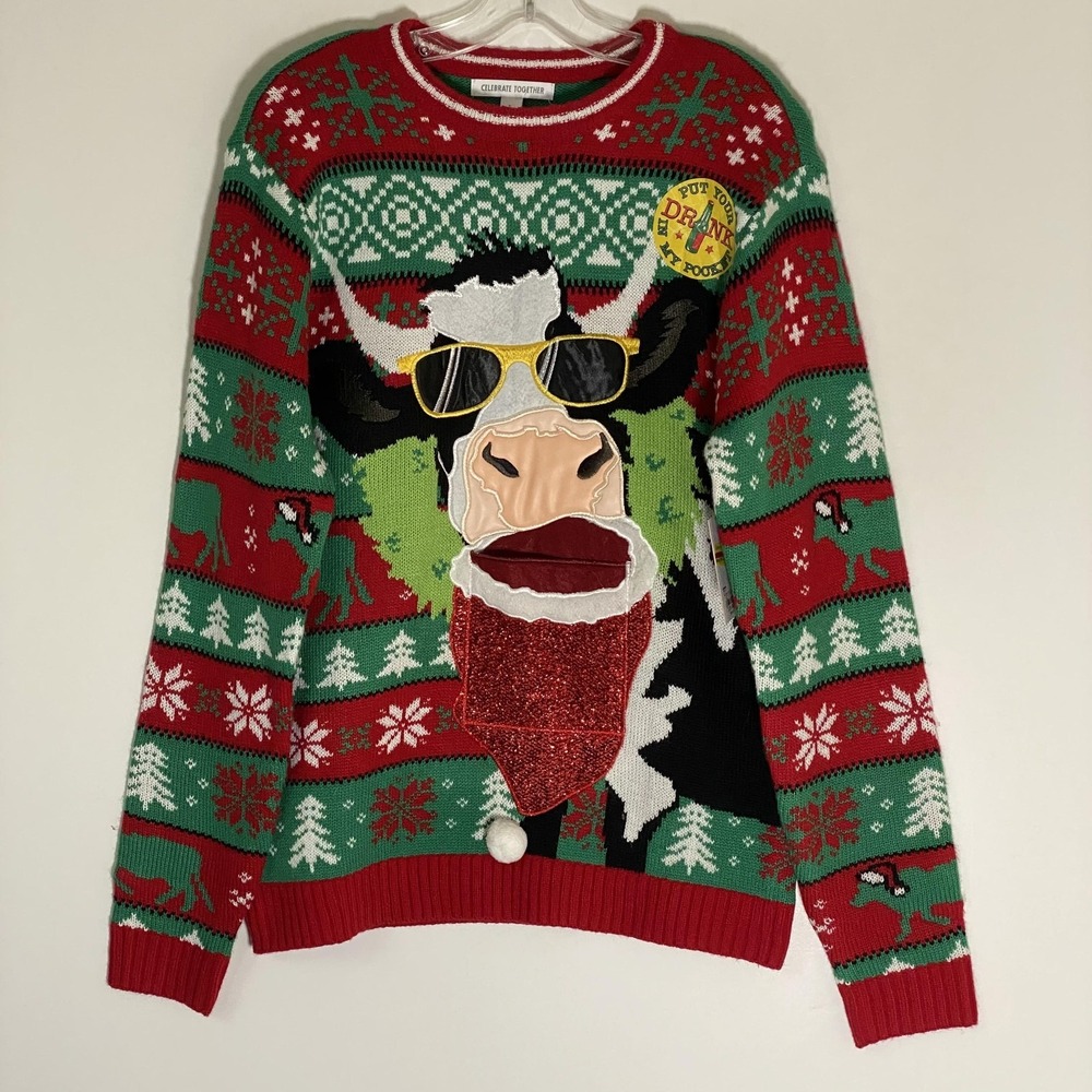 Celebrate Together Sweater Mens Small Multicolor Cow Ugly Christmas Drink Pocket